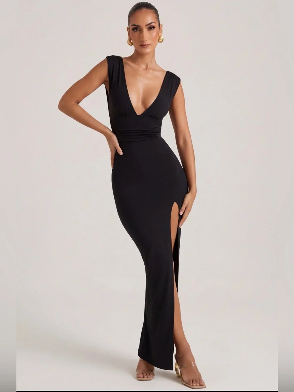 black v neck high side slit dress Long Sleeve V Neck Ribbed Side Cutout Slit Midi Dress Black Small